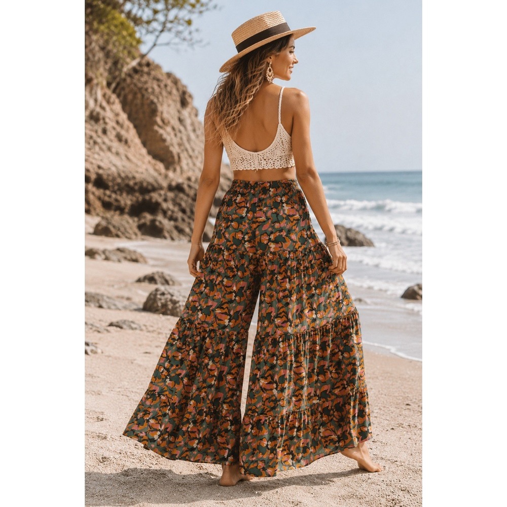 Natural Life Wide Leg Tiered Palazzo Pants Womens L Boho Tropical Resort Coastal - Picture 2 of 5